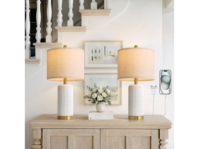 21.5'' Stone-Like Bedside Table Lamps Set of 2 for Bedroom with 2 USB A+C, Modern Lamps for Living Room, Ceramic Nightstand Desk Lamps with...