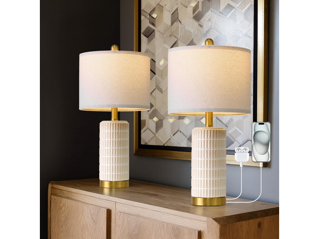 Small Bedside Table Lamps with USB Ports for Bedroom, 21.5'' White Nightstand Lamps for Night Stands, Modern Ceramic Bedroom Lamps for Living Room...