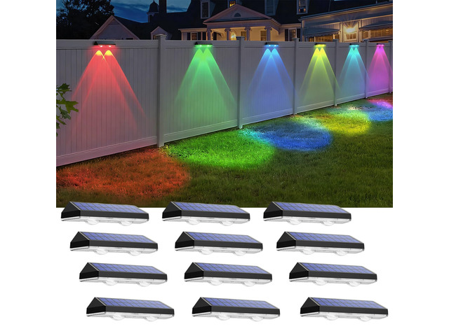 Solar Fence Lights Outdoor - Warm White & RGB 6 Color, Dusk to Dawn Solar Deck Light, Solar Lights Outdoor IP65 Waterproof, Garden Lights for...