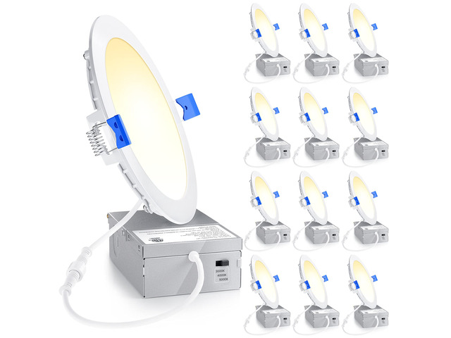 12 Pack 6 Inch LED Recessed Light, 3CCT Dimmable Canless Wafer 3000K-5000K Selectable, 5%-100% Dimmable, 1200LM 12W 120V, IC & Damp Rated, ETL &...
