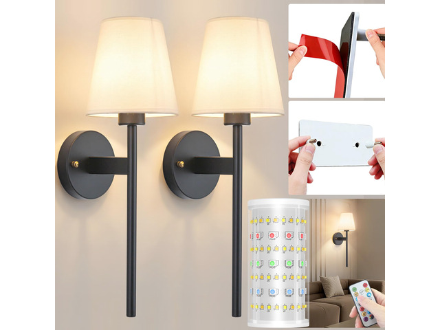 Battery Operated Wall Sconce, Peel and Stick Sconces Set of 2 Wireless Adhesive Stick On Wall Sconce, 10000mAh Rechargeable RGB Bulb with Remote,...