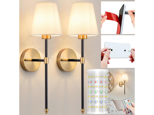Battery Operated Wall Sconce, Peel and Stick Sconces Set of 2 Wireless Adhesive Stick On Wall Sconce, 10000mAh Rechargeable RGB Bulb with Remote,...