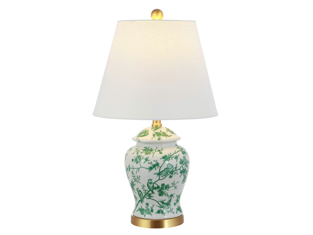 Penelope Ginger Jar 22' LED Table Lamp, White/Green Chinoiserie, Ceramic Metal Construction, French Country Traditional, Linen Empire Shade, Brass...