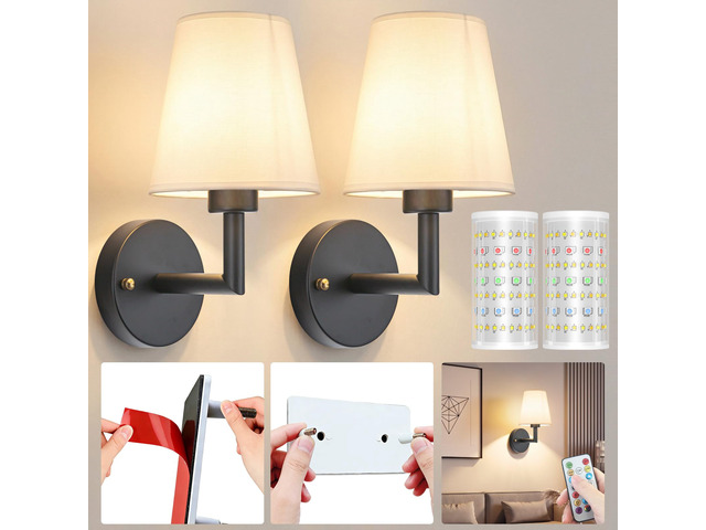 Battery Operated Wall Sconce, Peel and Stick Sconces Set of 2 Wireless Adhesive Stick On Wall Sconce, 10000mAh Rechargeable RGB Bulb with Remote,...
