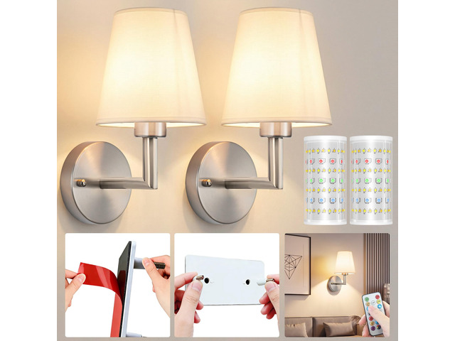 Battery Operated Wall Sconce, Peel and Stick Sconces Set of 2 Wireless Adhesive Stick On Wall Sconce, 10000mAh Rechargeable RGB Bulb with Remote,...