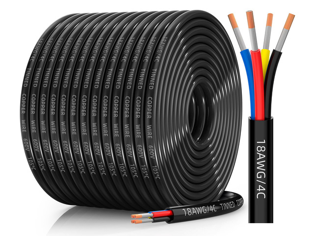 18 Gauge Wire, 18/4 Conductor Tinned Copper Electrical Wire, 200T Flexible, Waterproof, Flame Retardant, Low Voltage 18 AWG Stranded PVC 4 Wire...