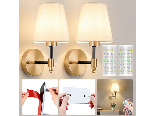 Battery Operated Wall Sconce, Peel and Stick Sconces Set of 2 Wireless Adhesive Stick On Wall Sconce, 10000mAh Rechargeable RGB Bulb with Remote,...