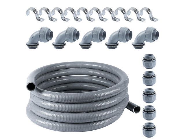 Liquid-Tight Conduit 1-1/2 inch 25ft w/UL Certification Flexible Electrical Conduit with 5 Straight and 5 90-Degree Conduit Connector Fittings Gray