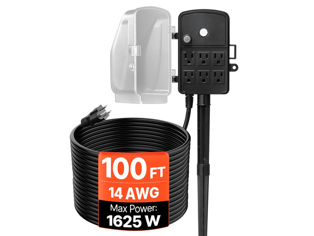 Outdoor Power Stake Waterproof, 100 FT Extension Cord, Outdoor Power Strip, Weatherproof with Cover and Overload Protection, 6 Outlets, 13A/1625W...