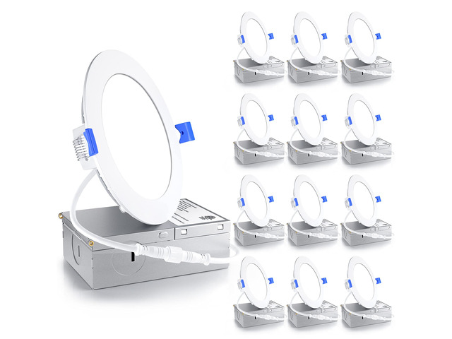 12 Pack 4 Inch LED Recessed Light, Dimmable, 5000K Daylight, 750LM High Brightness, 9W 120V, 2 Pin, ERL-9X-ETL, Damp Rated, Ultra-Thin Canless...