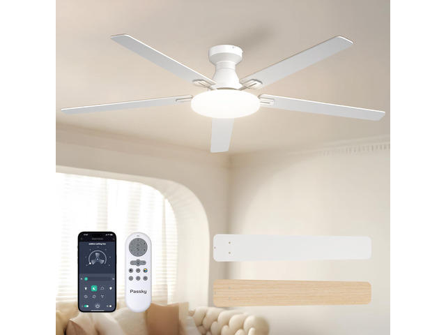 60 Inch White Low Profile Ceiling Fans with Lights and Remote Flush mount, 3-color dimmable light, quiet reversible DC motor, easy install, memory,...