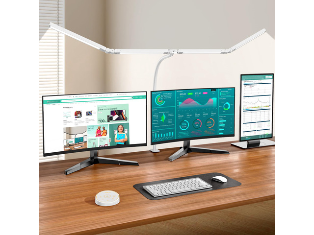 Led Desk Lamp with Clamp: Architect Desk Lamp for Home Office, Eye Caring Double Head Computer Monitor Work Desk Light with Remote Control - 24W...