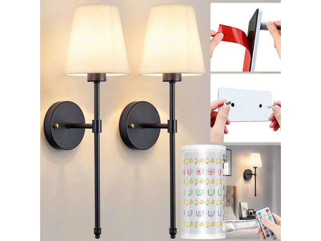 Battery Operated Wall Sconce, Peel and Stick Sconces Set of 2 Wireless Adhesive Stick On Wall Sconce, 10000mAh Rechargeable RGB Bulb with Remote,...
