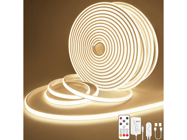 COB LED Strip Lights 65.6ft, Natural White Rope with Remote, 2 Roll Self-Adhesive, Quick Connect, Waterproof, 4000K, 24V Flexible Silicone Neon...