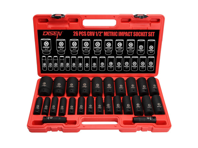 26 Pcs Metric 1/2' Impact Socket Set 10mm - 36mm Deep Sockets Set Impact, 6-Point,Cr-V,Rugged Construction 1/2 Inches Drive Socket