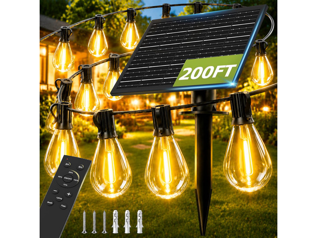 200FT Solar String Lights Outdoor, Dimmable Patio Lights Solar Powered with Remote & USB Port 72+2 LED Shatterproof Bulbs 3 Light Modes, Waterproof...