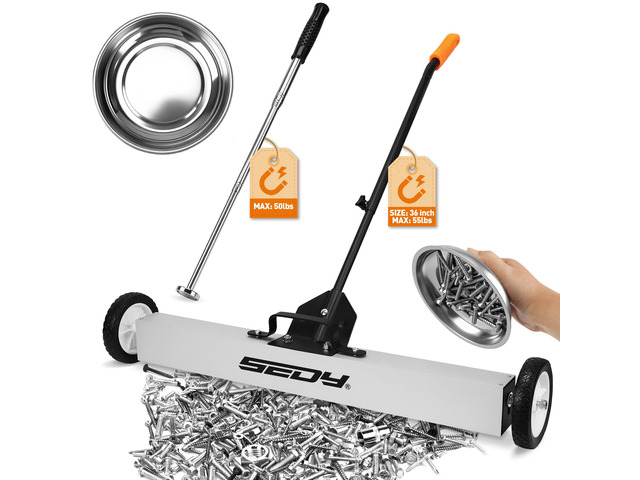 36-Inch Rolling Magnetic Sweeper 40-Inch Telescoping Magnetic Pickup Tool Magnetic Trays 55-Pound Capacity Pick-up Sweeper for Nails, Screws...