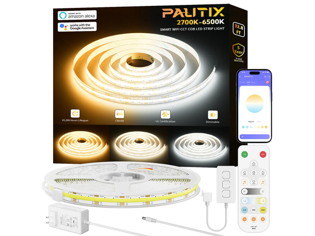 CCT COB LED Strip Light White Tunable 6400LEDs,CRI90+ 32.8ft/10m Dimmable 2700K-6500K 24V LED Tape Lights Kit,Work with Alexa/Google Assistant,for...