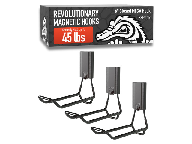 MEGA 6 in Closed Hooks, 45 lb Magnetic Hooks 3 Pack Patented Easy-Release, Non-Slip Grip. Works on steel cabinets, doors, garage, toolboxes, pole...