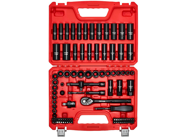 96 Piece 3/8' Drive Impact Socket Wrench and Bit Set, SAE (5/16' to 3/4') & Metric (8 to 22 mm), CR-V, Deep & Shallow, 6 Point, Ratchet, Universal...
