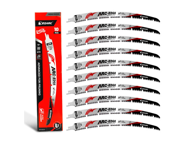 Arc Edge Reciprocating Saw Blades, 15-Inch 6TPI for Pruning, 10-Pack U-Groove Chip Removal, Extra-Long Arc Edge, Fleam Ground Teeth, Deep Gullets,...