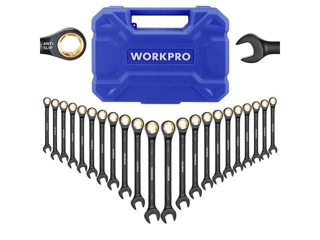 22-Piece Ratcheting Wrench Set, Metric 6-18mm & SAE 1/4-3/4' Anti-slip Teeth, Organizer Box, for Home Project, Machinery