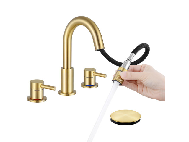 Brushed Gold Bathroom Sink Faucet 3 Hole with Pull Down Sprayer Lead-free stainless steel, pop-up drain, 2-handle, 360Â°swivel, 8-inch widespread...