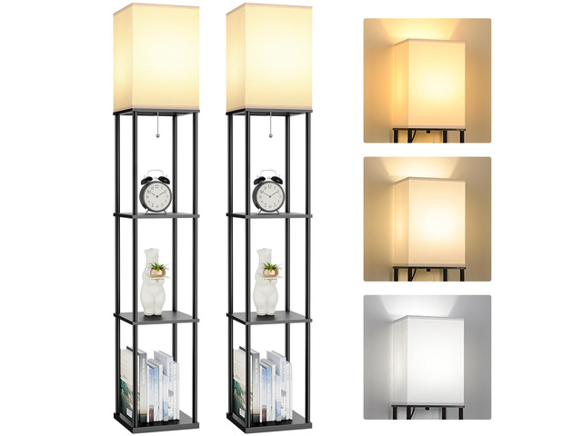 2-Pack Floor Lamp with Shelves, 3-Tier Square Bookshelf Standing Lamp 3 Color Temperature Bulb Included, Pull Chain Square Tall Lamp for Living...