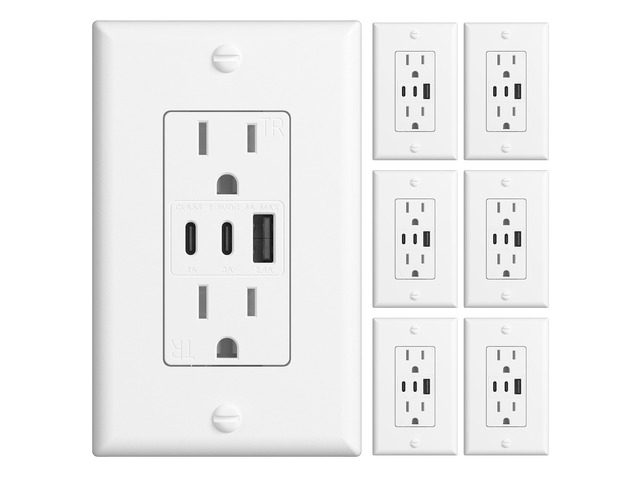 6.0A USB Outlet, 6 Pack, 15 Amp, 3-Port, 2 Type C & 1 Type A, White ETL listed, Max 30W, tamper resistant(TR), wall plate included, 3-port fast...