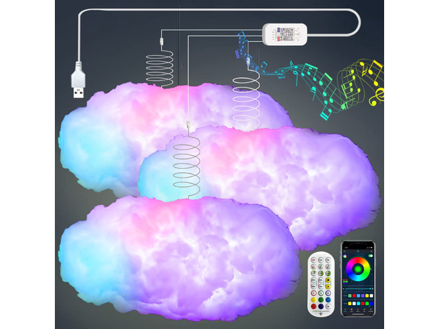 3PCS 3D Big Cloud Lightning Light Kit Music Sync Multicolor Lightning Changing Strip Lights 360 Degree Wireless Remote APP NO DIY Coolest...