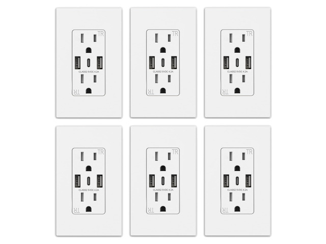 USB-C Wall Outlets - 3-Port Matte White 15Amp Outlets with USB, Tamper-Resistant, Screwless Wall Plate, UL & CUL Listed - 6 Pack