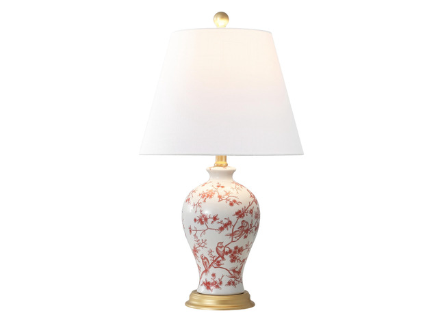 Grace 24' French Country Floral Urn Ceramic Lamp, White/Red Chinoiserie Ginger Jar, French Country Cottage Style, Linen Shade, Gold Metal Base, LED...