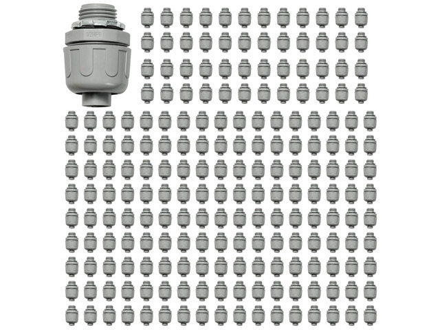 Conduit Connectors, 1/2 Inch, Straight, Grey, 200-Pack Liquid Tight Connector, NPT, Non-Metallic, for PVC Electrical Flexible Conduit Fittings, 180...