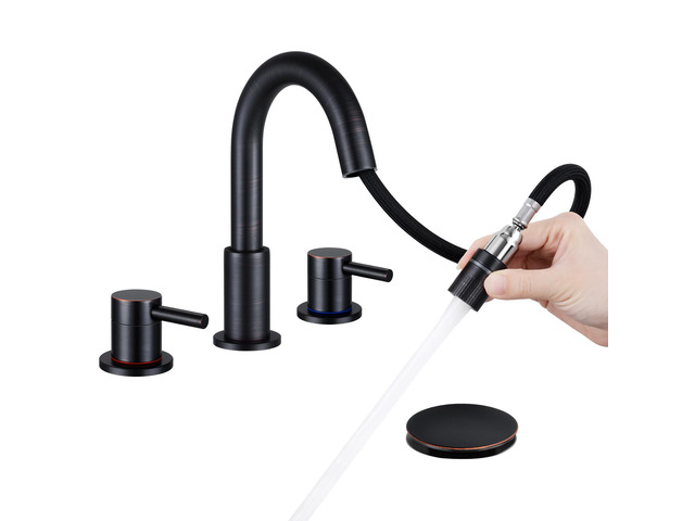 Bathroom Faucet 3 Hole with Pull Down Sprayer, Oil Rubbed Bronze Lead-free stainless steel, pop-up drain, 2-handle, 360Â°swivel, 8-inch widespread...