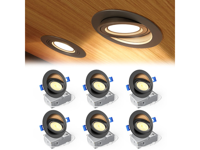 6 Pack 4 Inch Black LED Eyeball Gimbal Recessed Light, 5CCT 360°+90° Rotatable, 10%-100% Dimmable, 2700K-5000K Selectable, 9W 900LM, 90+CRI, 120V,...