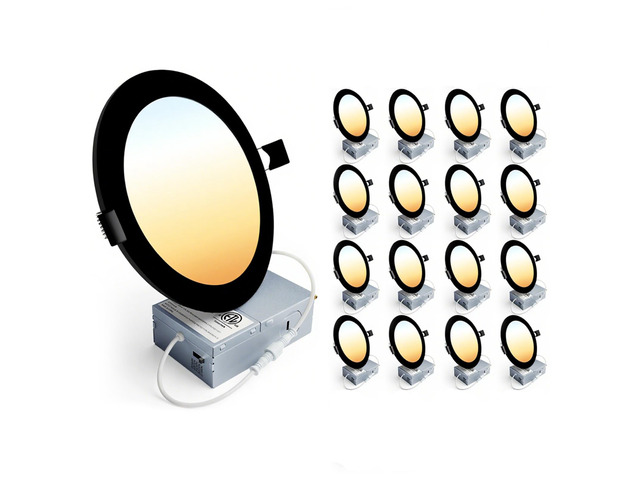 16 Pack 6 Inch LED Recessed Ceiling Light, Dimmable, 2700K-5000K 5CCT, 1200LM 12W 120V, High Brightness Canless Wafer Downlight, Black - ETL & FCC & IC