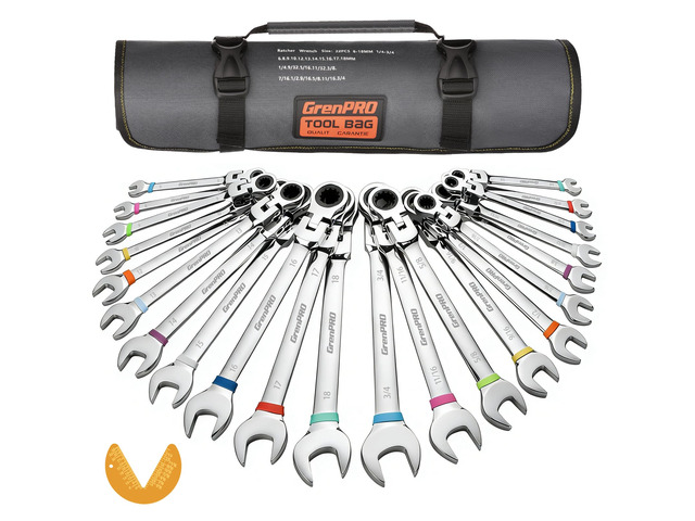 23PC Flex Head Ratcheting Wrench Set SAE & Metric Mechanic Tools 1/4'-3/4'&6-18MM Bolt Gauge, CR-V Steel 72-Tooth 180-Degree Flex Head 12Pt, Color...