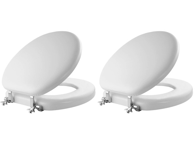Padded Toilet Seat with Chrome Hinges, Soft Vinyl over Wood Core Seat, Made in USA, Round, White (Pack of 2)