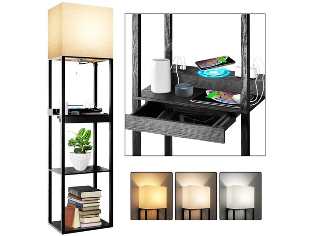 Plus Charging Station Floor Lamp with Wireless Charger, 2 USB-C Port, 2 Power Outlet, Floor Lamp with Shelves, 15W LED Bulb, 3 Colors, Memory...