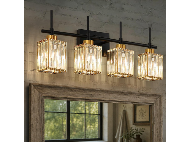Modern Crystal Bathroom Vanity Light 4-Lights Gold Bathroom Light Fixtures Over Mirror Black and Gold Vanity Lighting Fixtures Gold Square Shade...
