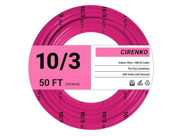 10/3 NM-B Cable 50 FT, UL Listed 10 Gauge Indoor Wire with Ground Solid Bare Copper, No CCA, 3 Conductors Plus Ground, Durable Pink NM-B Jacket,...