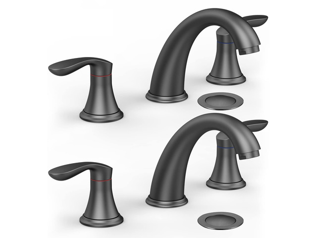 Bathroom Sink Faucet, Faucet for Bathroom Sink, Widespread Matte Black Bathroom Faucet 3 Hole with Plastic Pop Up Drain and cUPC Lead-Free Hose -...