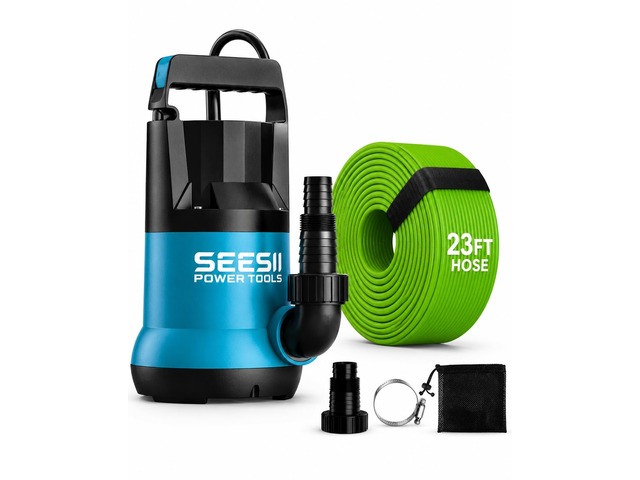 1HP Submersible Water Pump, 4755 GPH High Flow w/ 23ft Hose Anti-Clogging Filter Bag, Sump Pump for Swimming Pool, Hot Tub, Pond, Flooded Basement,...