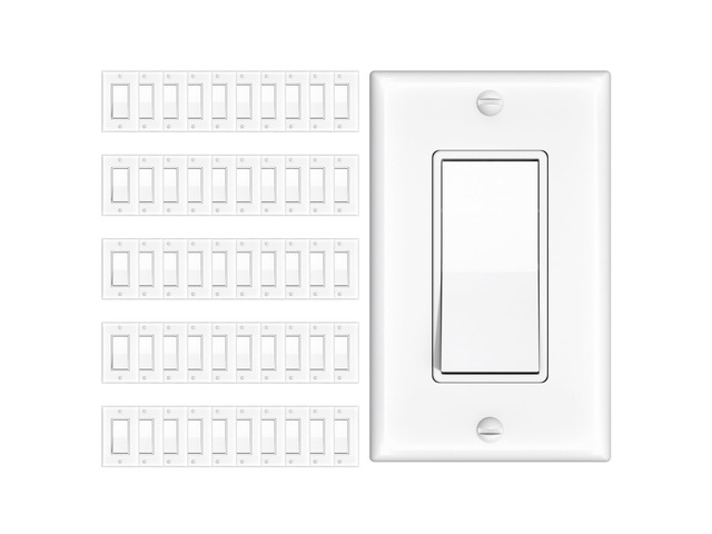 Single Pole Light Switches with Wall Plates UL Listed 120/277V On/Off Rocker Paddle Interrupter, Grounding Screw, Residential Grade, for Home and...