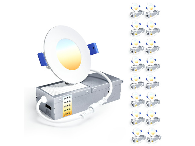 16 Pack 3 Inch LED Recessed Ceiling Light, Dimmable, 2700K-5000K 5CCT, 500LM 6W 120V, High Brightness Canless Wafer Downlight - ETL & FCC & IC
