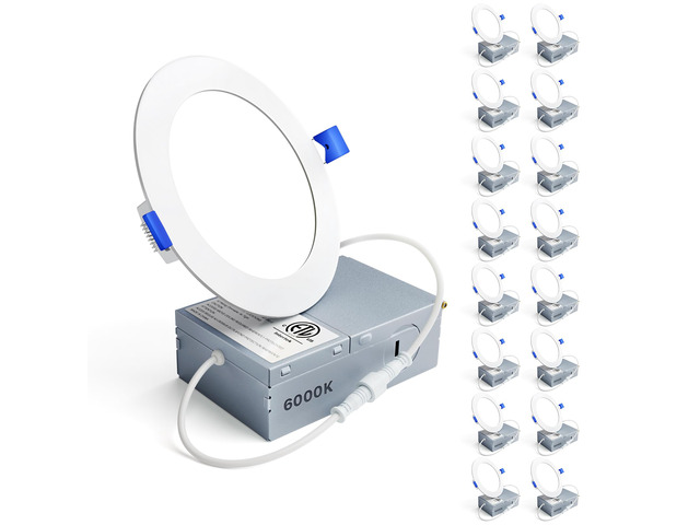16Pack 4 Inch LED Recessed Ceiling Light, 6000K, 750LM 9W 120V 6000K Clear White, 5%-100% Dimmable, Ultra-Thin Canless Wafer Downlight, Aluminum,...