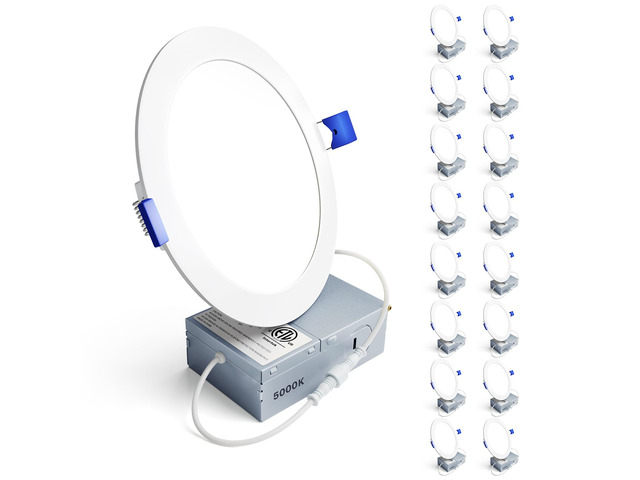16Pack 6 Inch LED Recessed Ceiling Light, 5000K, 1200LM 12W 120V 5000K Daylight, 5%-100% Dimmable, Ultra-Thin Canless Wafer Downlight, Aluminum,...