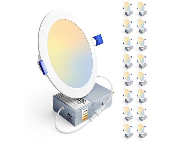 16 Pack 6 Inch LED Recessed Ceiling Light, 5CCT, 1200LM 12W 120V 2700K-5000K Selectable, 5%-100% Dimmable, Ultra-Thin Canless Wafer Downlight,...
