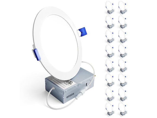 16Pack 6 Inch LED Recessed Ceiling Light, 6000K, 1200LM 12W 120V 6000K Clear White, 5%-100% Dimmable, Ultra-Thin Canless Wafer Downlight, Aluminum,...