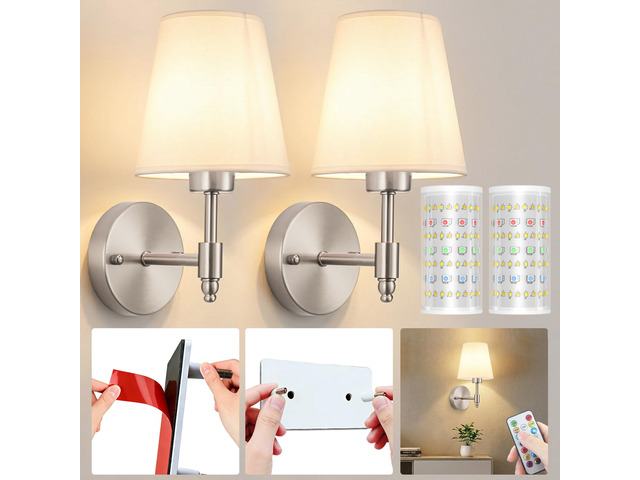 Battery Operated Wall Sconce, Peel and Stick Sconces Set of 2 Wireless Adhesive Stick On Wall Sconce, 10000mAh Rechargeable RGB Bulb with Remote,...